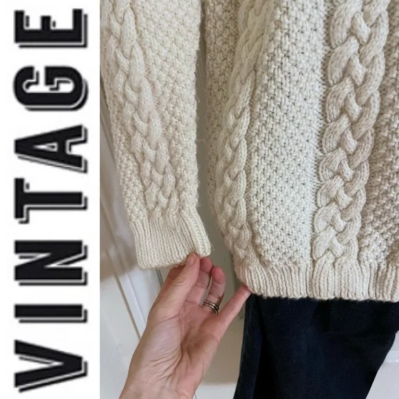 Hand knit Fishermen cable knit cream button-down cardigan chunky sweater - Picture 10 of 16